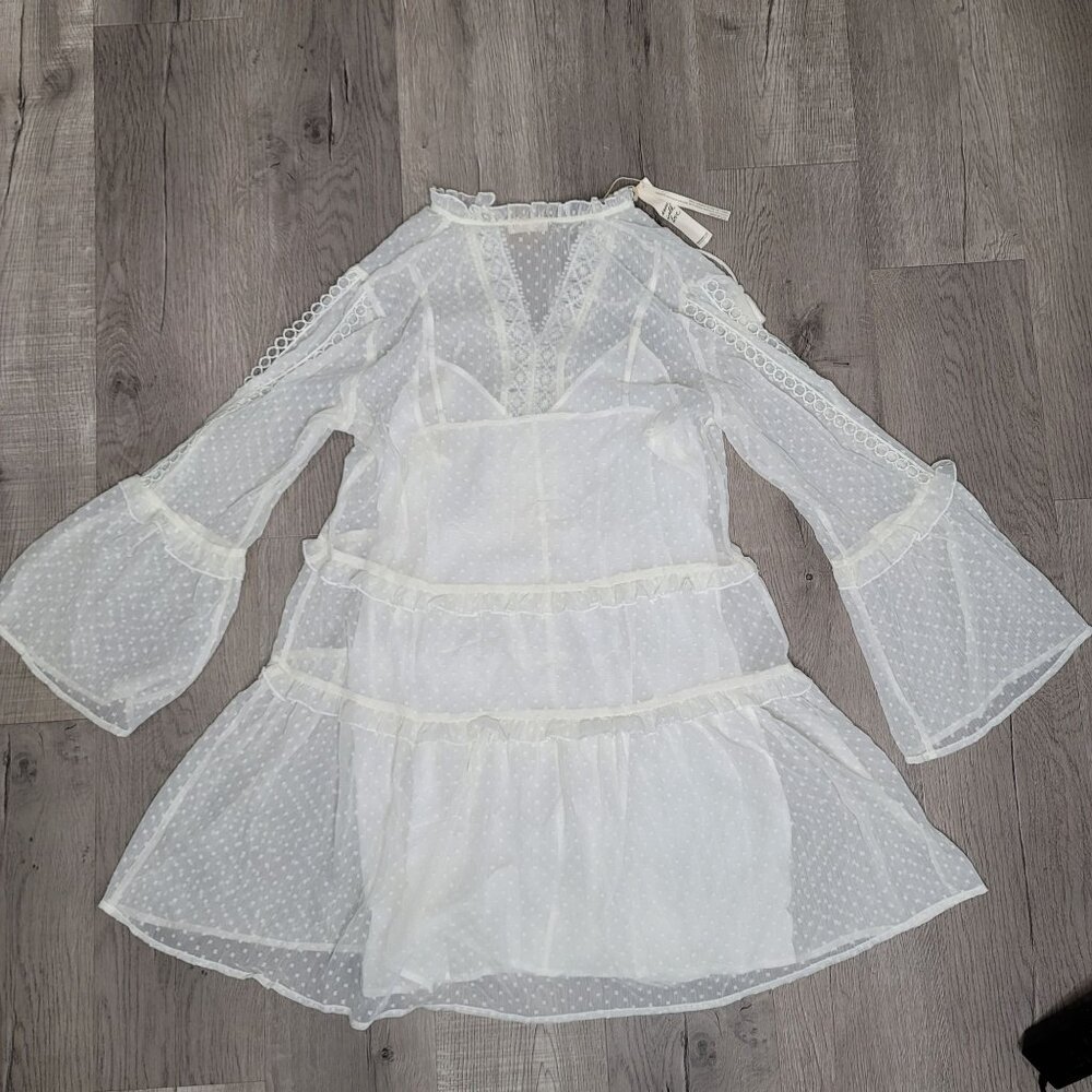 Lovestitch NWT White Lace & Sheer Polka Dot Dress Tassels Ruffle Sleeves Size M